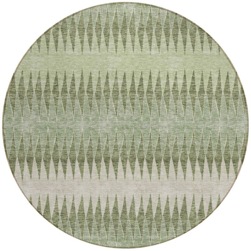 Artichoke Green And Light Green Round Striped Washable Indoor Outdoor Area Rug - 8' Round