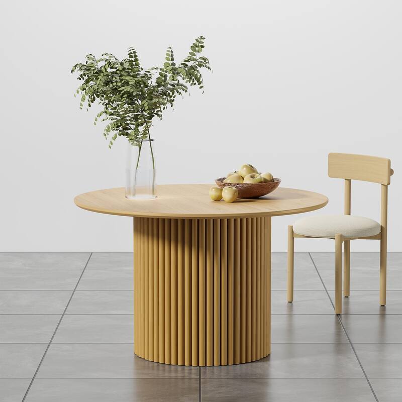 Modern Round Wooden Dining Table - 46" Diameter, Fluted Base, Natural Oak Finish for Dining Room