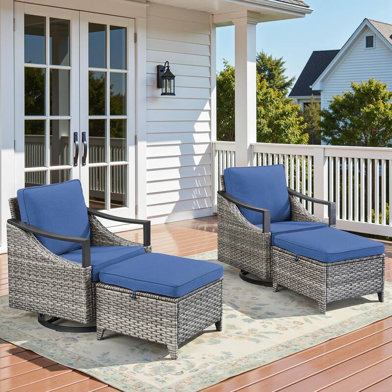 Pocassy Outdoor Sofa Swivel Patio Chair Table with Ottoman Set - Gray Wicker Blue Cushion - 4-Piece Swivel Chair with Ottoman