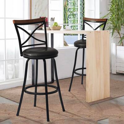 Homylin Spinach 29.1 in. Black Low Back Metal Frame Barstool With Faux Leather Swivel Seat(Set of 2)