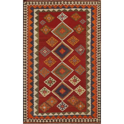 Vegetable Dye Red Kilim Qashqai Persian Rug Handmade Wool Carpet - 5'2"x 7'10"