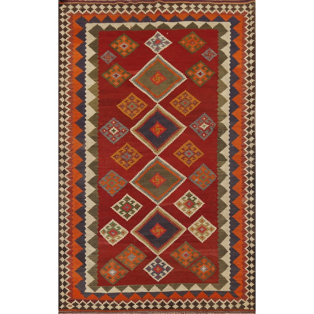 Vegetable Dye Red Kilim Qashqai Persian Rug Handmade Wool Carpet - 5'2"x 7'10"