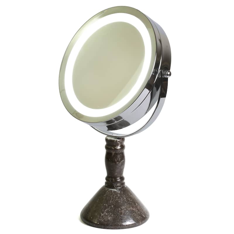 Creative Home Deluxe 7" Double Sided Swivel Vanity Led Mirror with 1X, 7X Magnification & Charcoal Marble Stone Pillar Stand