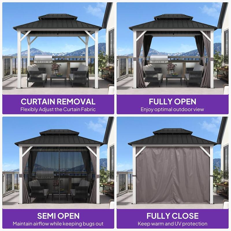 PURPLE LEAF Patio Hardtop Gazebo for Outdoor Grey Galvanized Steel Double Roof White Aluminum Poles