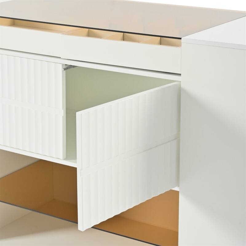 Modern Luxury Multi-Functional Island Vanity Dresser and Storage Cabinet with Glass Tabletop, Display Shelf and 6 Drawers