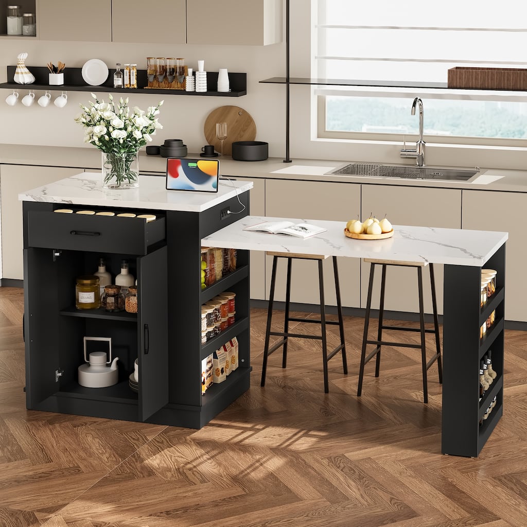 Anmytek Black Expandable Kitchen Island Cart with Marble Top - Rolling Kitchen Storage with Extendable Table and Spice Rack