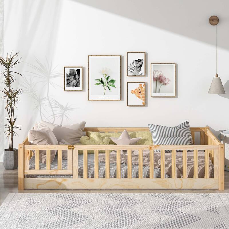 Durable Floor Platform Bed with Fence - Natural+Twin size-door
