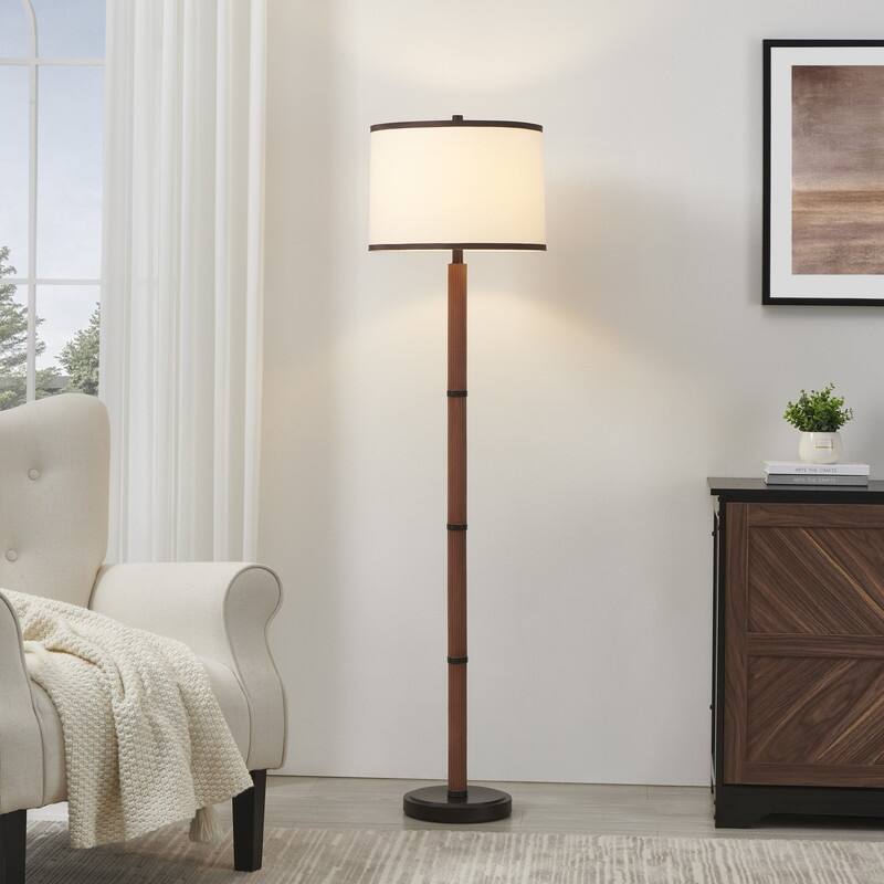 KAWOTI Traditional & Farmhouse Brown Accent Floor Lamp with Drum Shade - W16" x H63" - W16" x H63"