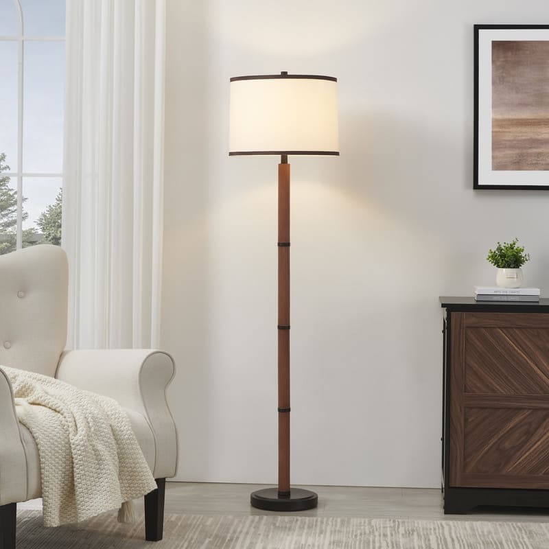 KAWOTI Traditional & Farmhouse Brown Accent Floor Lamp with Drum Shade - W16" x H63"