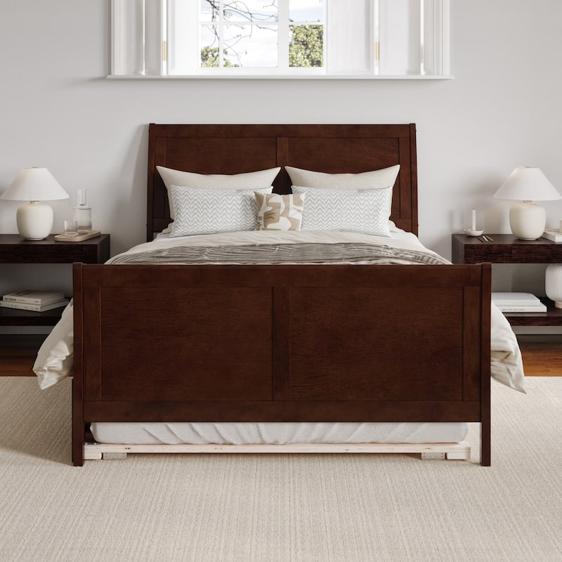 Full Platform Bed with Trundle - Coastal Craftsman Style - Walnut Finish - Home Bedroom Furniture