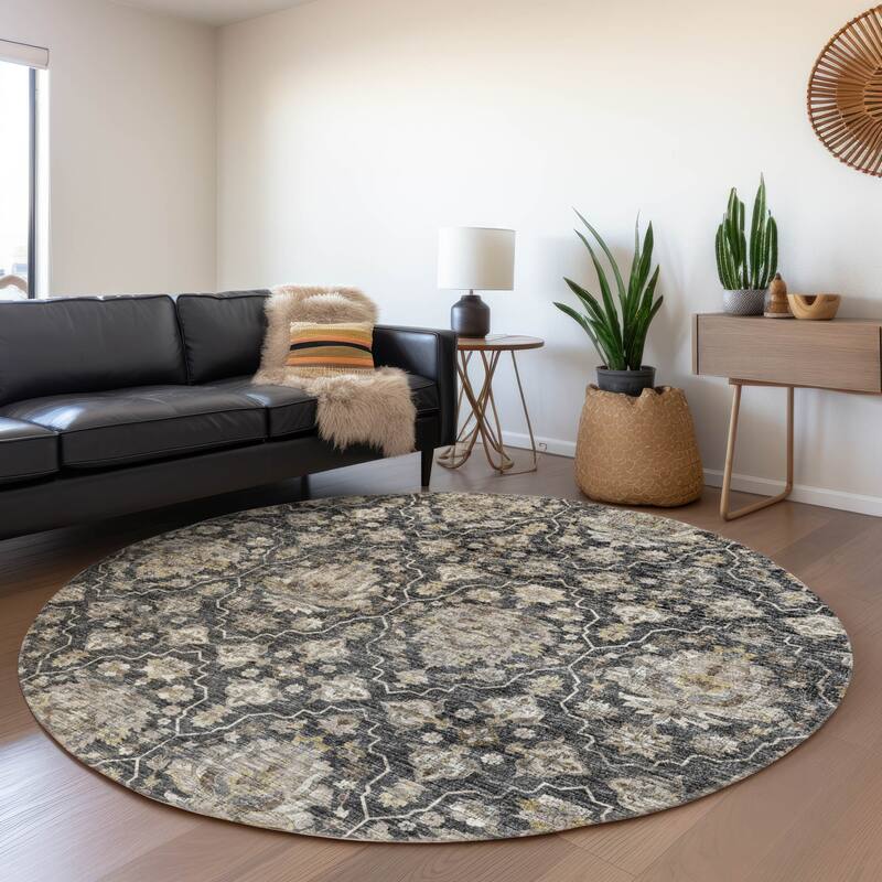 Premium Washable Super Soft Traditional Kashan Mayfield Rug - Shadow - 8' x 8' - Round