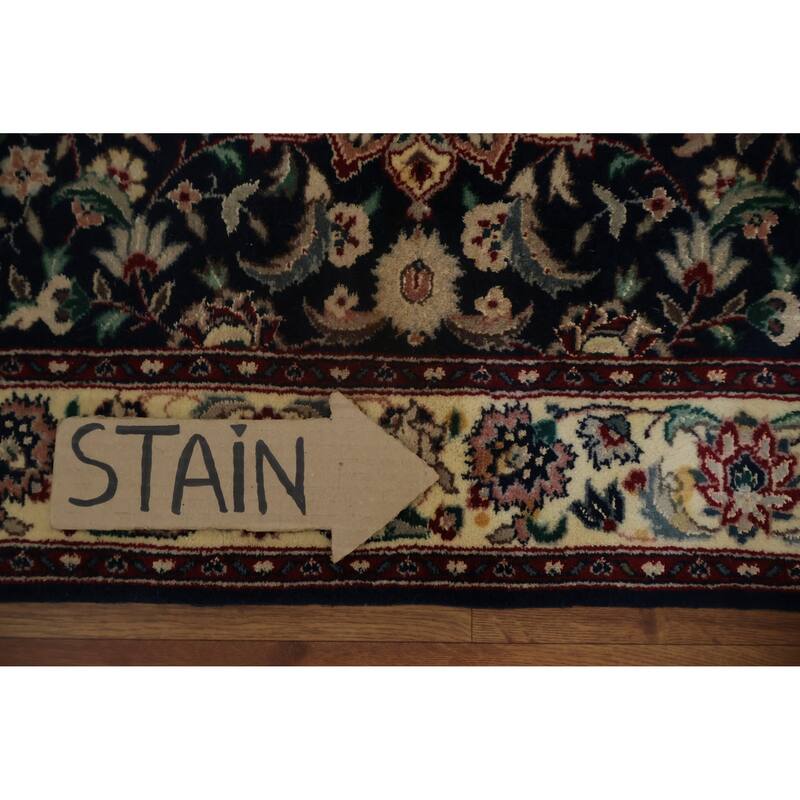 Hand Knotted Oriental 100% Wool Carpet Traditional Floral Navy Blue & Blues Kashan Runner Rug - 13' 10'' X 2' 7''