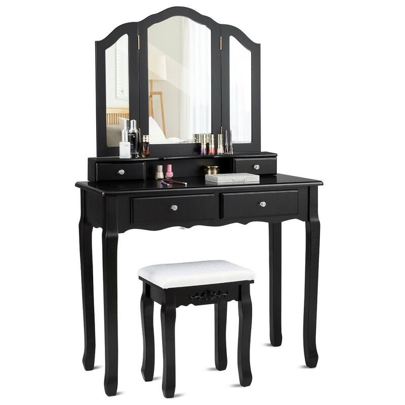 Tri Folding Mirror Vanity Table Stool Set with 4 Drawers-Black - 35" x 16" x 57"(L x W x H) - Black