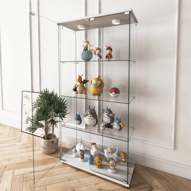 Modern Glass Display Cabinet with LED lights, Quick-assembly Antique Cabinet, Tempered Glass Bookshelf