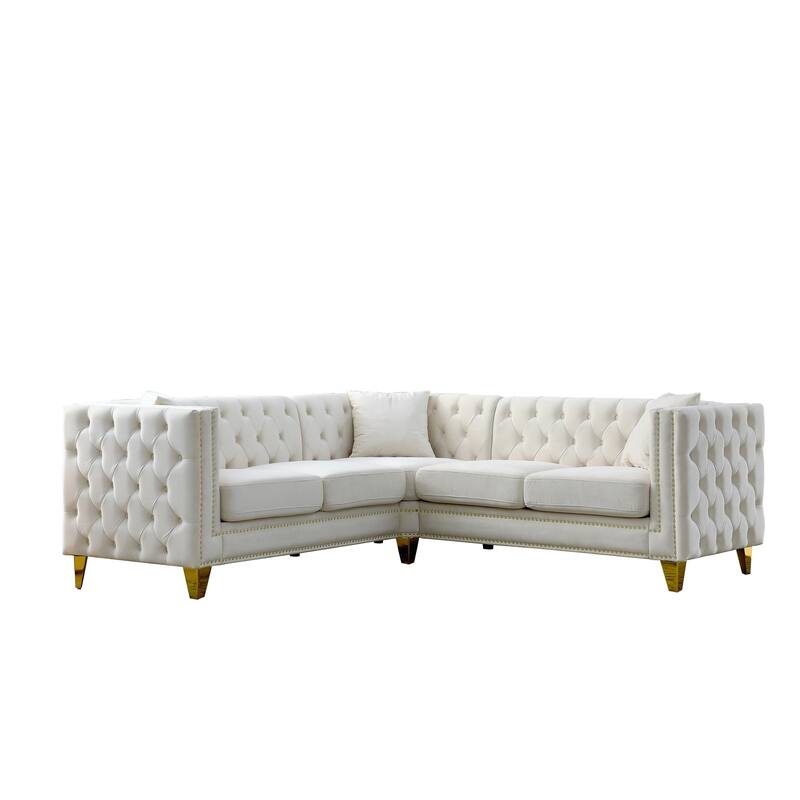 82.2'' Velvet Chesterfield 5-Seater L-Shaped Sofa with Nailhead Trim, Tufted Backrest, and Metal Legs
