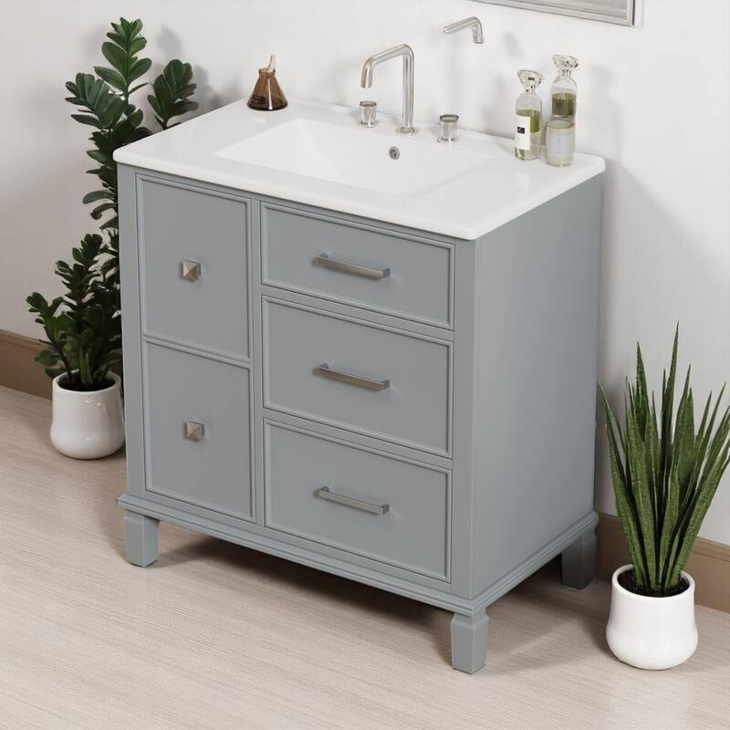 30" Bathroom Vanity with Sink, Freestanding Cabinet with Flip-Out Drawer & Double-Layer Storage, Solid Wood with Ceramic Basin