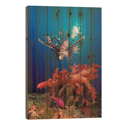 Lionfish and Squarespot anthias with soft corals in the ocean Print On Wood by Panoramic Images - Multi-Color