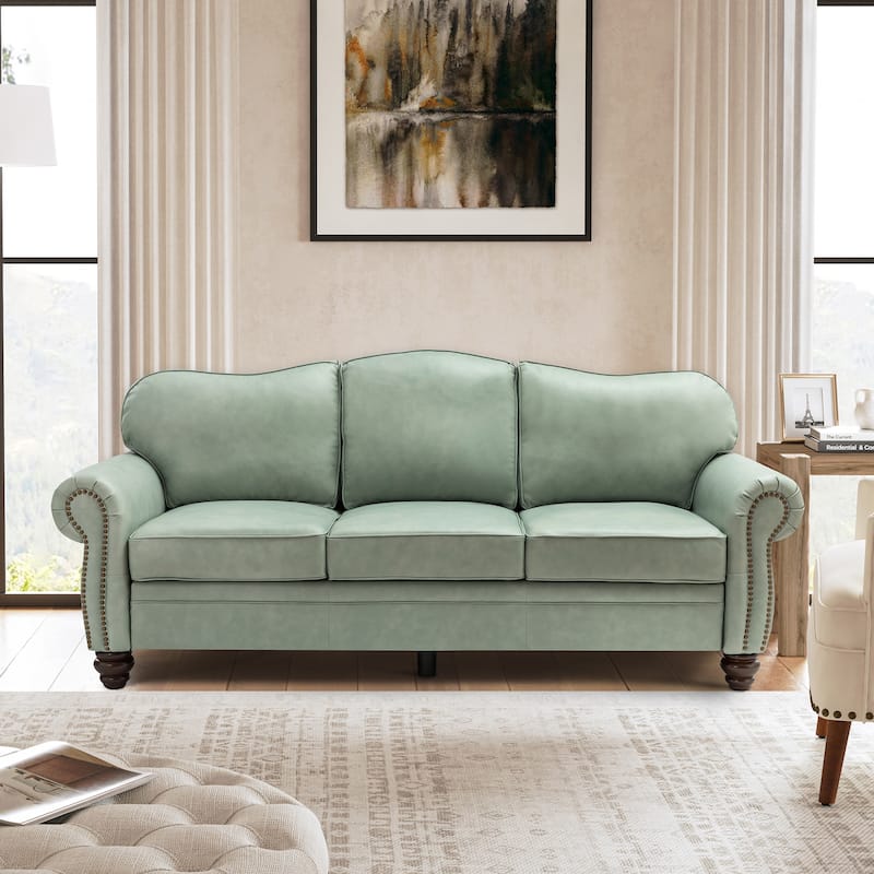 Balvino 81" Wide Transitional Genuine Leather Rolled Arm Sofa with Nailhead Trim and Removable Cushions