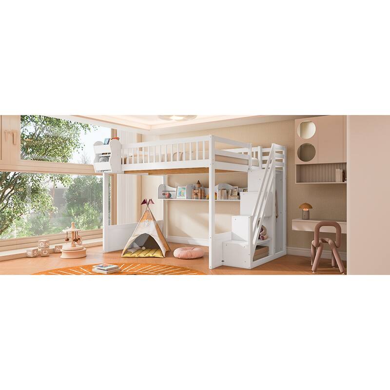 Roomfitters Queen Size Loft Bed with Wardrobe, Storage Staircase and Shelves