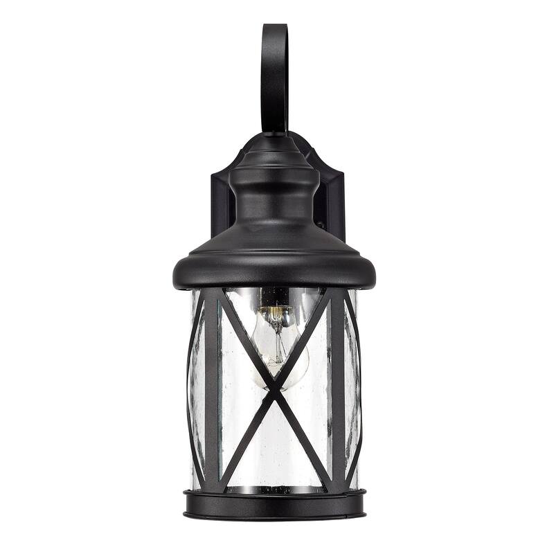 1-Bulb Black Outdoor Wall Lantern Sconce with Seeded Glass