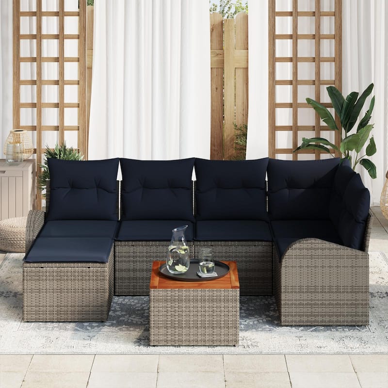 vidaXL 7 Garden Sofa Set with Cushions Black/Grey Poly Rattan - 92.1 x 48.8 x 27.2