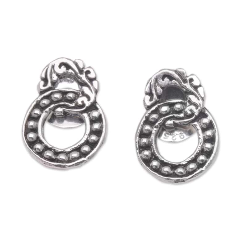 Novica Handmade Joined Rings Sterling Silver Button Earrings