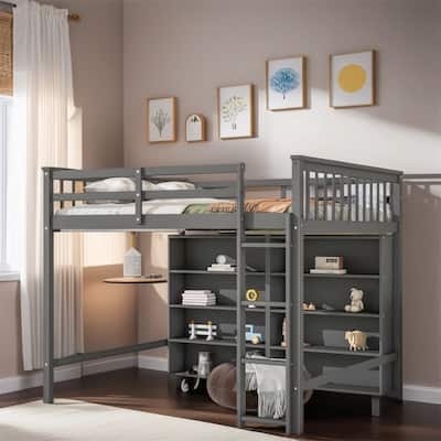 Full Size Wood Loft Bed w/ 8 Open Storage Shelves and Built-in Ladder
