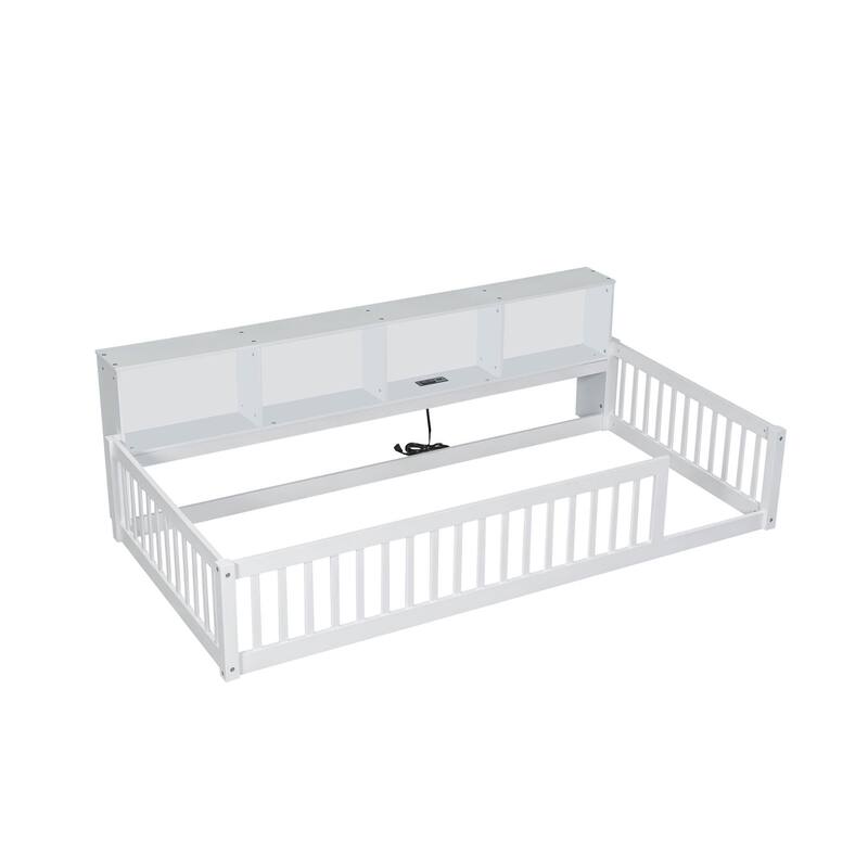 Twin XL Floor Bed with Storage Cabinets and USB Ports in White