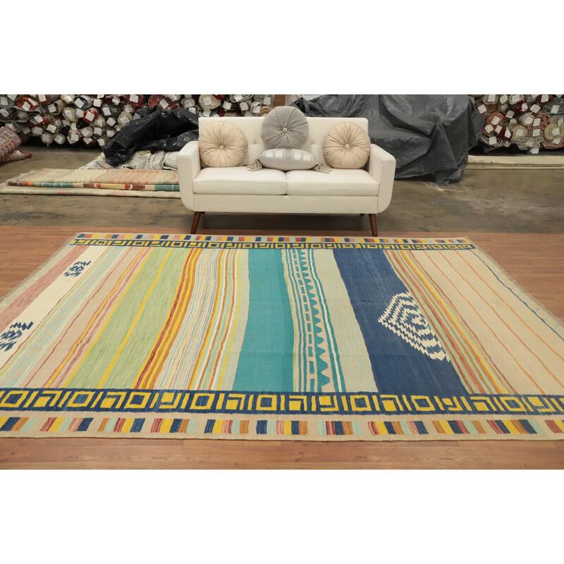 Hand Woven Oriental 100% Wool Carpet Southwestern Tribal Multi-Colored Kilim Area Rug - 9' 11'' X 8' 1''