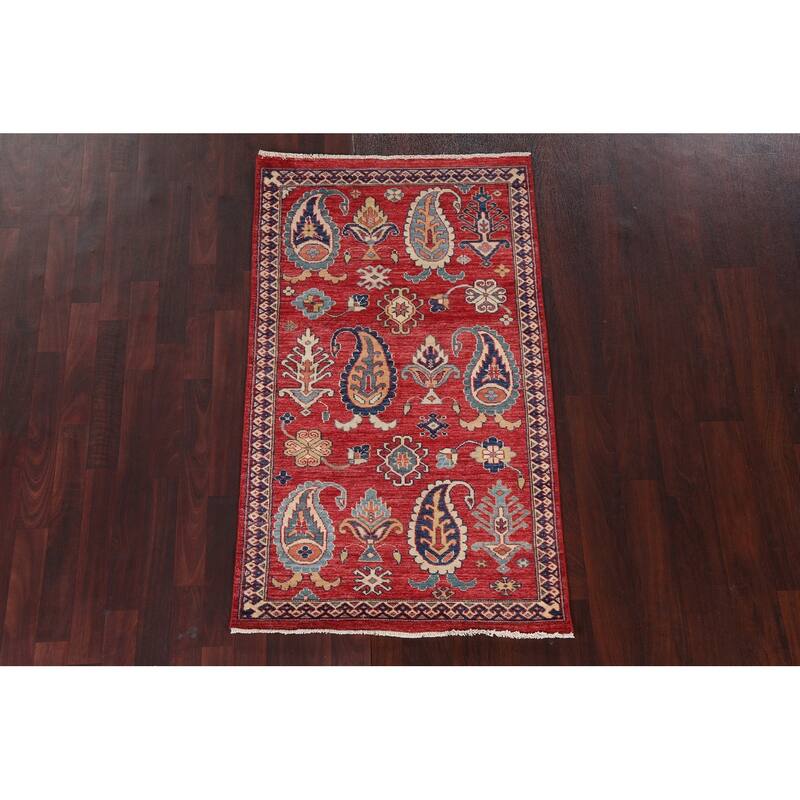 Vegetable Dye Geometric Paisley Super Kazak Area Rug Wool Hand-knotted - 2'10" x 5'0"