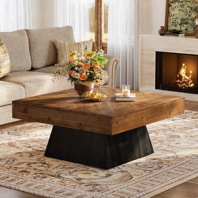 .39.37'' Solid Wood Square Coffee Table, Rustic Square Center Table
