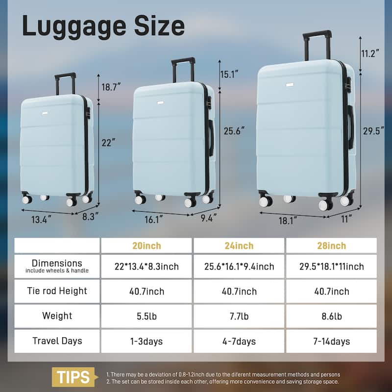 Hardshell Luggage Sets 3 Piece Double Spinner Wheels Suitcase with Handle Password Lock, Lightweight 20"+24"+28" Luggages