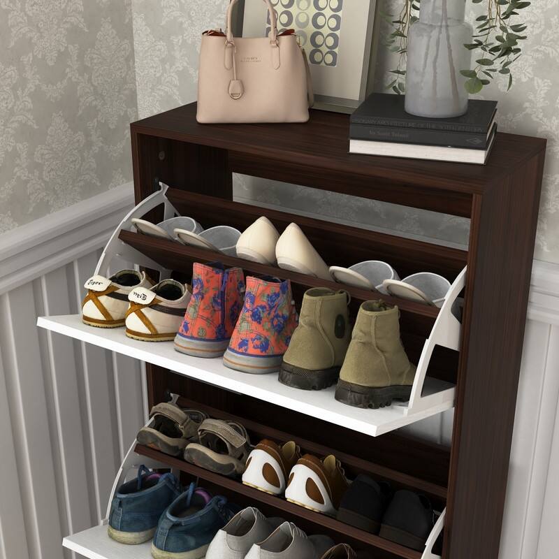 Shoe Storage Cabinet with 3 White Panel Flip Drawers, Freestanding Organizer for Entryway, Narrow Shoe Rack Cabinet