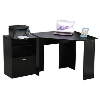 Aosom HOMCOM 2 Piece Corner Computer Desk with Printer Stand Storage Cabinet Drawer Shelf (Black)