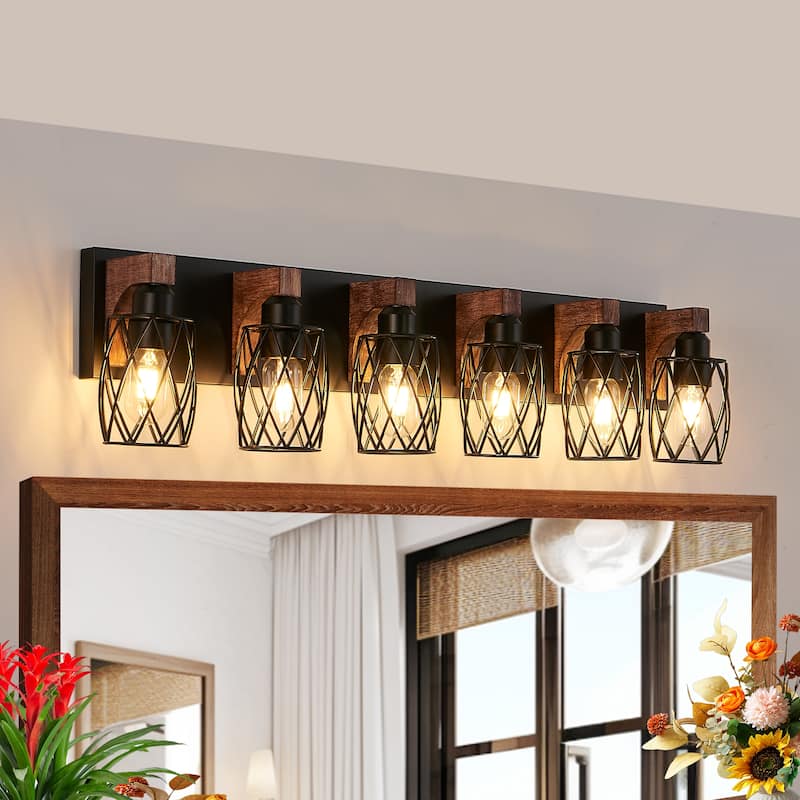 38" 6-Light Industrial Wall Sconce - Black Cage - Wood - Bathroom， Hallway, or Living Room(Bulb Not Included) - Walnut+black