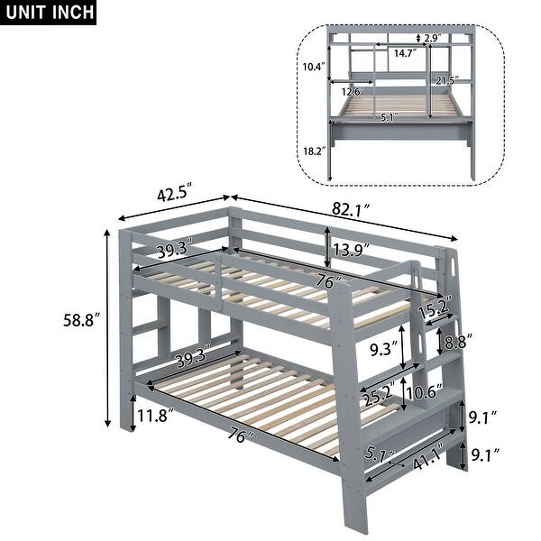 Grey Twin Over Twin Bunk Bed with Ladder, Storage Shelves, Pine Frame