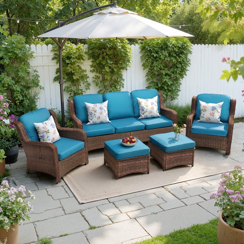 5-piece Patio Furniture High Back Conversation Set with Peacock Blue Cushions