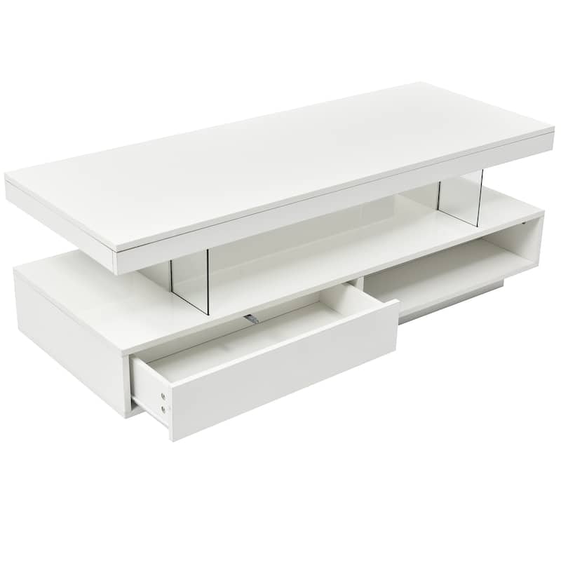 LED Coffee Table with Storage, Modern Center Table with 2 Drawers and Display Shelves