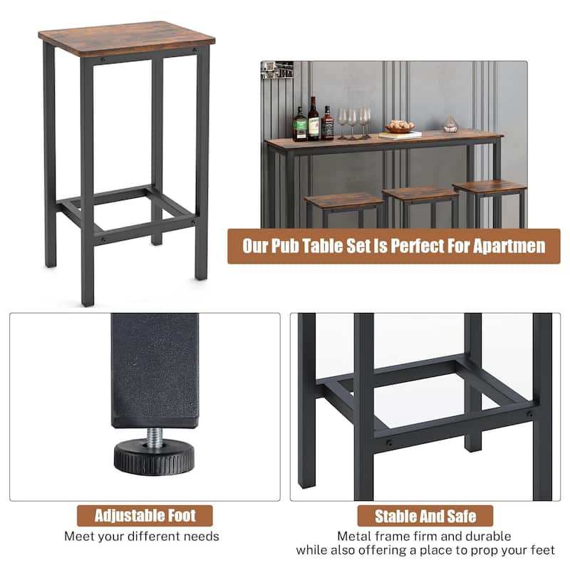 Modern 4 Piece Bar Dining Table and Chair Set, Kitchen High Dining Table Set with Three Stools