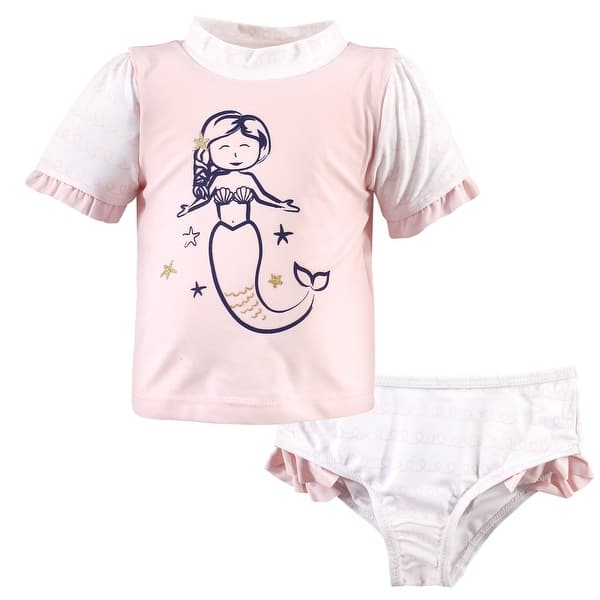 slide 1 of 1, Hudson Baby Infant Girl Swim Rashguard Set, Pink Mermaid 12-18 Months - Pink Mermaid