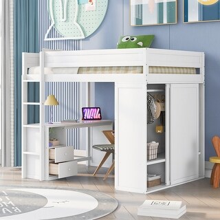 Modern Full Size Wood Loft Bed Kids Bed with Wardrobes and Two Storage Drawers,Desk with Cabinet