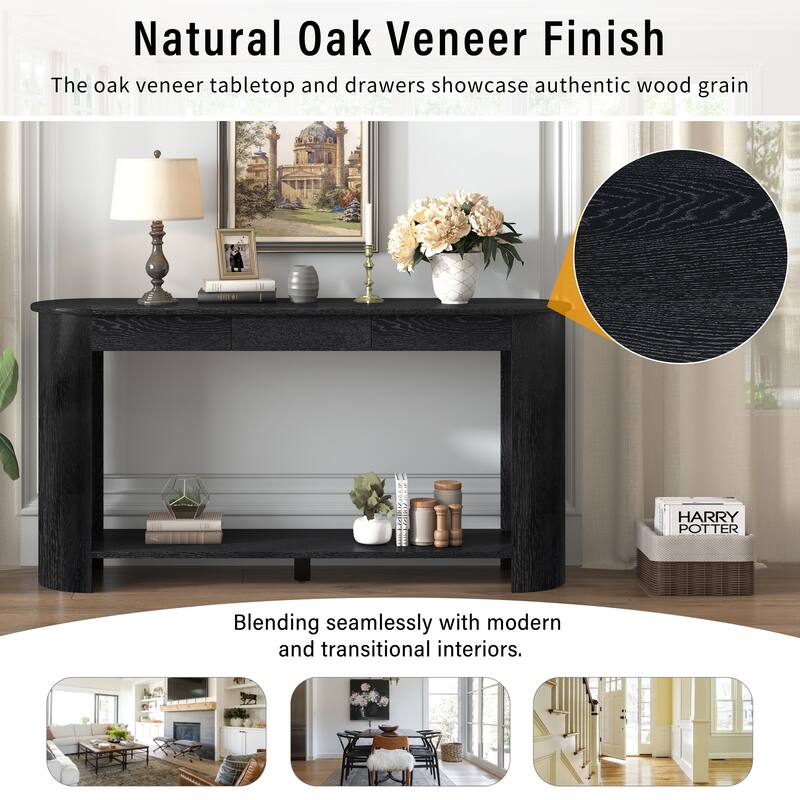 59.8"Modern Veneer Console Table with 3 Drawers,Farmhouse Entryway Table with Shelf,Wood Sofa Table with Semi-Circular Design