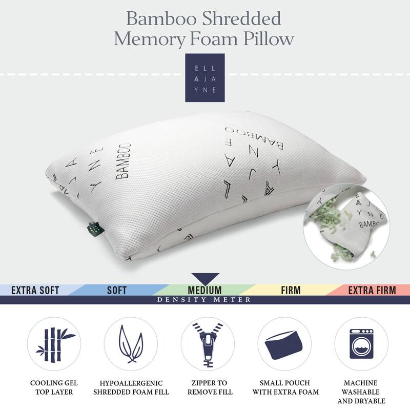 Bamboo Shredded Memory Foam Pillow, Adjustable Density, with Extra Fill and Carry Pouch - White