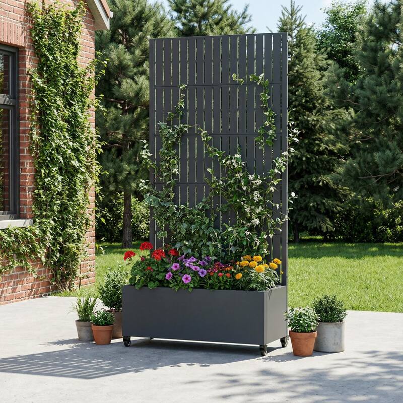 Raised Garden Bed Planter with Trellis Movable Planter Box with Lockable Wheels - 72*35 - Dark Grey