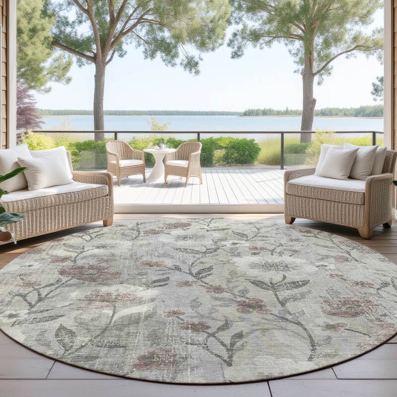 Machine Washable Indoor/ Outdoor Floral Joy Chantille Rug - Beige - 8' x 8'