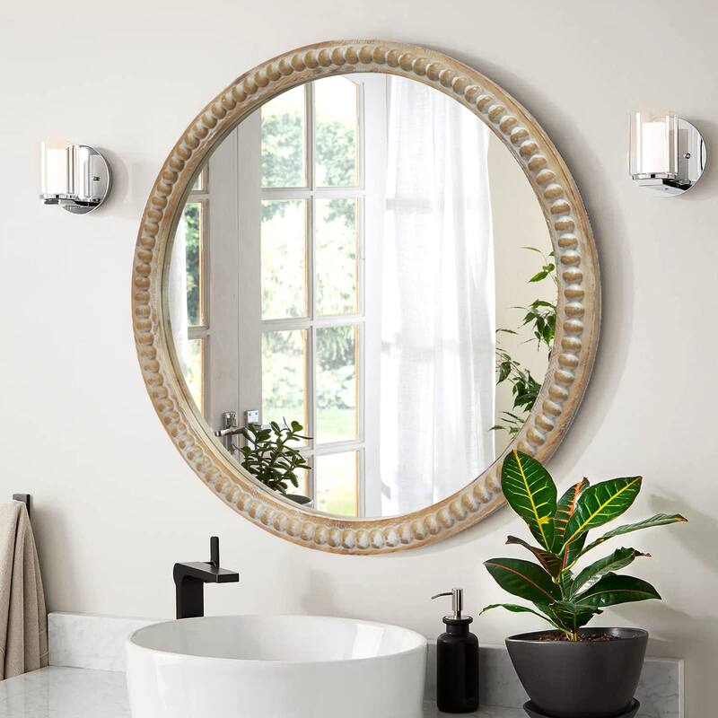 Round Decorative Wall Mirror, 31.50" Distressed Wood Beaded Frame Mirror for Entryway, Living Room, Bathroom - Natural Wood - Natural Wood