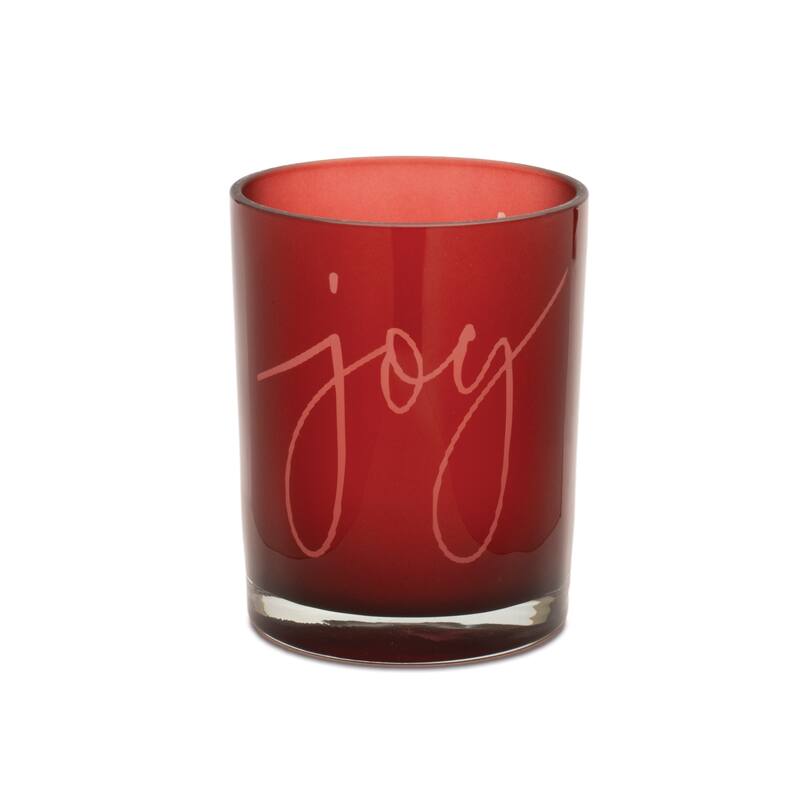 Red Glass Painted Candle Holders Set of 2 with Joy Message for Pillar and Votive Use - 4.5” x 4.5” x 7” (L x W x H)