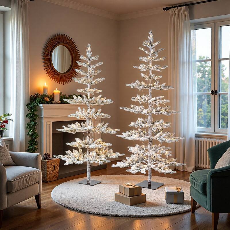 Glitzhome 6/7/9 FT Pre-Lit Flocked Slim Snowscape Fir Artificial Christmas Trees 2 or 3-Piece Set - 6 & 7 FT