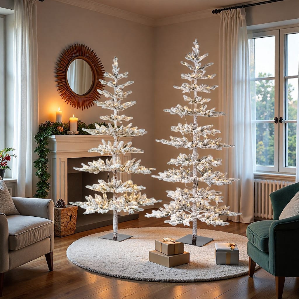 Glitzhome 6/7/9 FT Pre-Lit Flocked Slim Snowscape Fir Artificial Christmas Trees 2 or 3-Piece Set