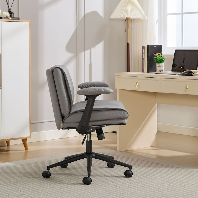 Cross Legged Office Chair on Wheels with Flip-Up Armrests Leather and Wide Seat